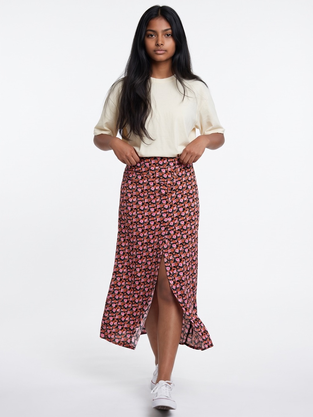Zara Black Midi Skirt with Pink & Orange Floral Print